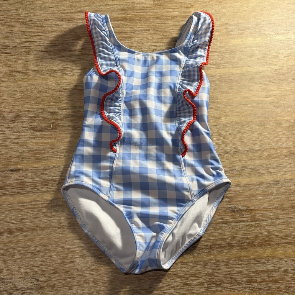 Cat&jack One Piece Swimsuit Blue&white Check Red Pom Trim Size Large 10/12